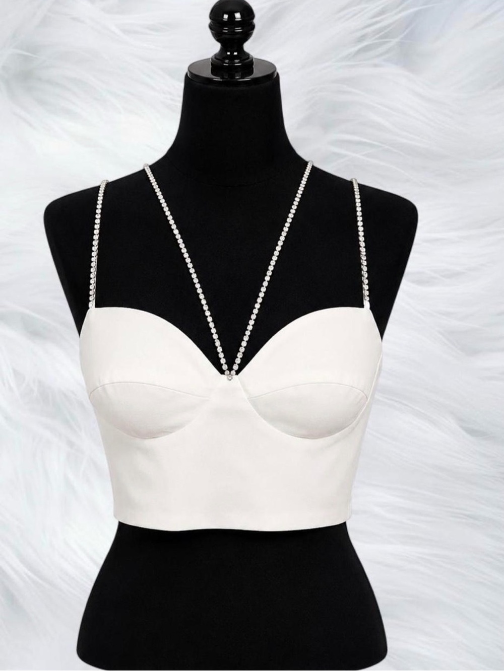 bustier crop top in white featuring sparkling rhinestone chain straps. Size Med